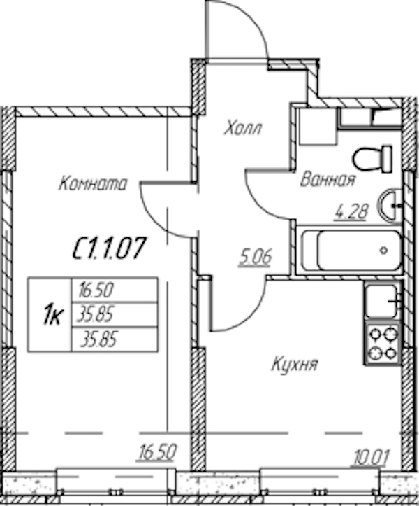 1-комнатная квартира 35.85 м², 1/22 эт., ЖК «Парк-квартал Юнтолово»